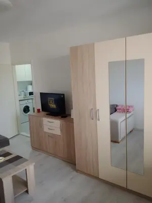 a living room with a bed and a sliding glass door at Sasa's Apart in Vračar (historical)