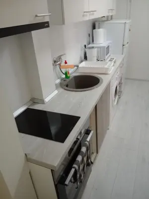 a kitchen with a sink and a microwave at Sasa's Apart in Vračar (historical)