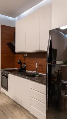 a kitchen with white cabinets and a black refrigerator at ADA MOMENT Splav- kuca na reci Beograd- Floating House on SAVA RIVER ,Belgrade in Belgrade