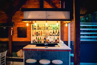 a bar with a bunch of bottles of alcohol at Villa Dijana - Pool, Spa, Outdoor Kitchen in Belgrade