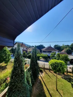 a group of trees in a yard with houses at Galerija Park 1 in Arandjelovac
