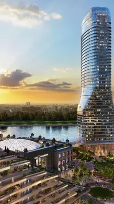 a rendering of a tall building next to a river at Belgrade Waterfront Luxury Appartment Pool & Gym in Belgrade