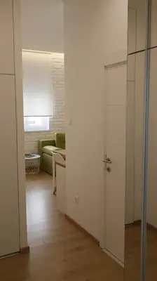 a living room with a green couch and a sliding door at Apartment Ana, Vračar, Belgrade in Belgrade