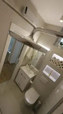 a bathroom with a white toilet and a chandelier at Apartment Ana, Vračar, Belgrade in Belgrade
