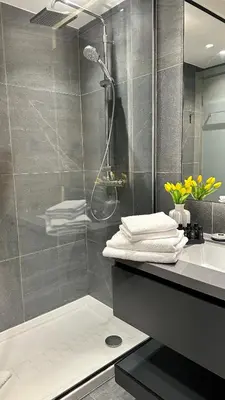 a bathroom with a shower and a sink at DOM Boutique Apartments PARK VIEW in Belgrade