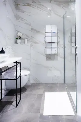 a bathroom with a shower and a toilet and a sink at Akiton Apartment in Belgrade