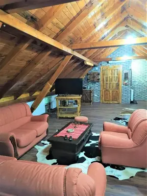 a living room with couches and a ping pong table at Kućerak X in Ruma