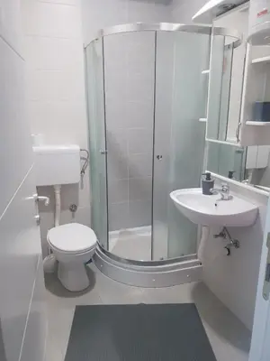 a bathroom with a shower and a toilet and a sink at Relax, apartman sa garažnim mestom in Obrenovac