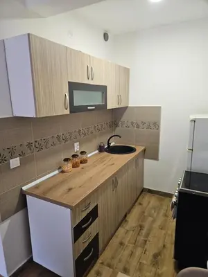 a kitchen with wooden cabinets and a sink at Relax, apartman sa garažnim mestom in Obrenovac