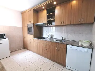 a kitchen with wooden cabinets and a sink and a dishwasher at Apartman Panorama Arandjelovac in Arandjelovac