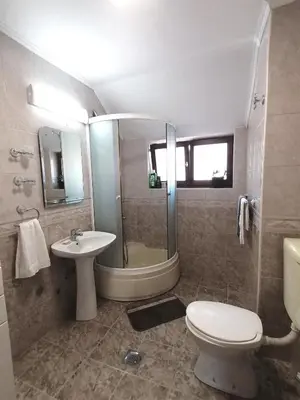 a bathroom with a shower toilet and a sink at Apartman Panorama Arandjelovac in Arandjelovac