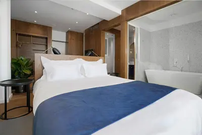 a bedroom with a large bed and a bath tub at Dominic Smart & Luxury Suites - Edition in Belgrade