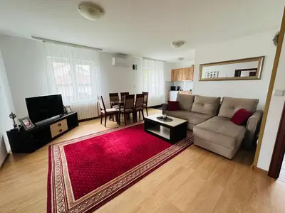 a living room with a couch and a red rug at Helena apartment in Belgrade