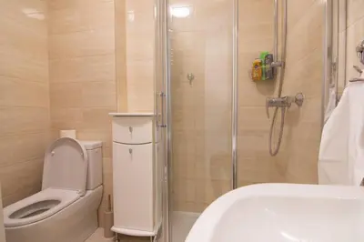 a bathroom with a shower and a toilet and a sink at A Blok New Modern - Free garage parking, comfortable, quiet with a park view in Belgrade