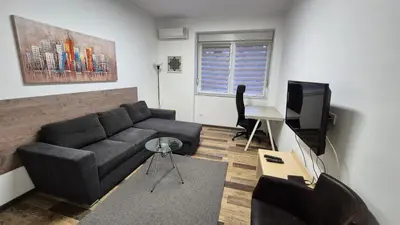 a living room with a couch and a tv at Cozy apartment in the center of Belgrade - living room, bedroom and bathroom in Belgrade