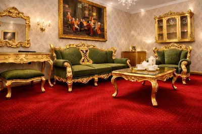 a living room with green furniture and a red carpet at Prezident Palace Belgrade - Luxury Boutique Hotel & Spa in Belgrade