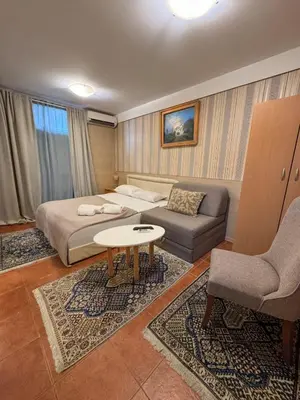 a hotel room with a bed and a couch at Vila club 011 in Dedinje