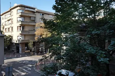 a building on the side of a street with a tree at Paradise Starry Suite-City center Belgrade in Belgrade