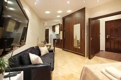 a living room with a black couch and a kitchen at Studio Paradise Forest in Belgrade