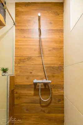 a shower with a hose attached to a wooden wall at Little L Apartments Dorcol in Belgrade