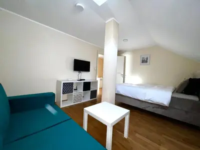 a living room with a bed and a couch at Central Park Residence in Belgrade