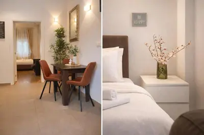 two pictures of a bedroom with a table and a bed at City Break Apartments Chic and Luxury in Belgrade