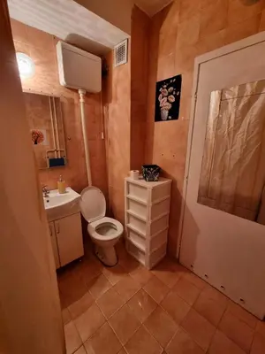 a small bathroom with a toilet and a sink at Large, Spacious Apartment Voždovac in Belgrade