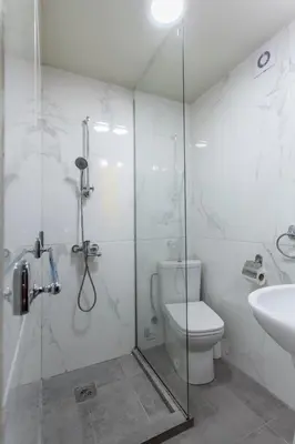 a bathroom with a shower and a toilet and a sink at Villa ARS in Belgrade