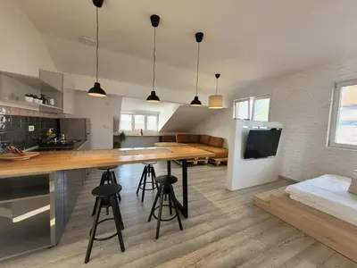a kitchen and living room with a large wooden table at Villa ARS in Belgrade