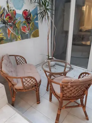 a couple of chairs and a plant in a window at Djakuzi Viktorija in Belgrade