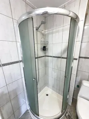 a shower with a glass door next to a toilet at Top Secret in Arandjelovac