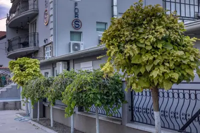 a row of trees in front of a building at ForS Konak Apartments in Belgrade