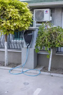 a blue hose is attached to a house with two trees at ForS Konak Apartments in Belgrade
