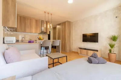 a kitchen and a living room with a bed in a room at Apartment Bohemia in Belgrade