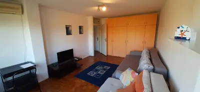 a living room with a couch and a tv at Apartment Student city, Wifi 300MBs in Belgrade