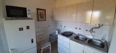 a small kitchen with a sink and a refrigerator at Apartment Student city, Wifi 300MBs in Belgrade
