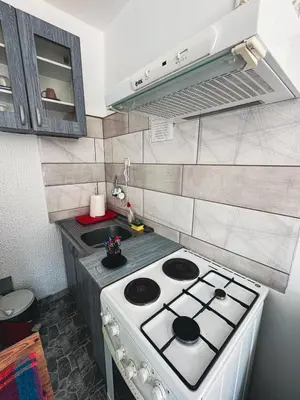 a kitchen with a stove top oven in a kitchen at Prenoćište Inđija Hrvić in Inđija