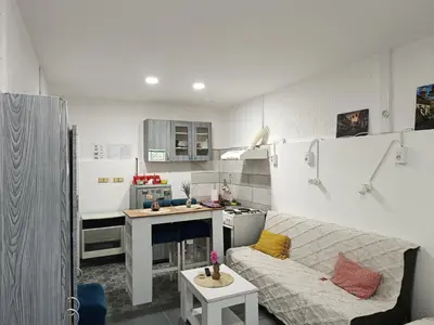 a living room with a couch and a kitchen at Prenoćište Inđija Hrvić in Inđija
