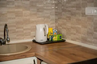 a kitchen counter with a coffee maker and a sink at Botanical9, Belgrade centre, 2 bedroom apartment with Netflix in Belgrade
