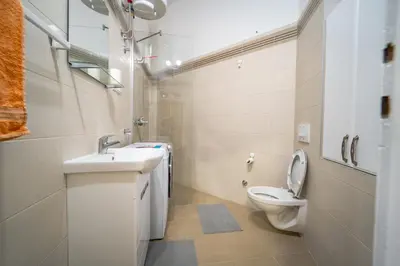 a white bathroom with a toilet and a sink at Botanical9, Belgrade centre, 2 bedroom apartment with Netflix in Belgrade