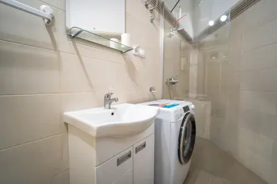a bathroom with a sink and a washing machine at Botanical9, Belgrade centre, 2 bedroom apartment with Netflix in Belgrade