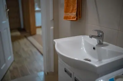 a bathroom with a white sink and a mirror at Botanical9, Belgrade centre, 2 bedroom apartment with Netflix in Belgrade