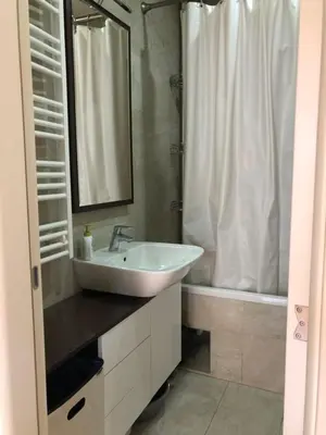 a bathroom with a sink and a mirror and a shower at Modern 1 Bed Apartment, near shopping mall Stadion in Belgrade