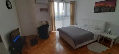 a bedroom with a bed and a television in it at Apartman Pionir in Belgrade
