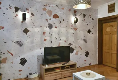 a living room with a tv and a rock wall at Apartment Carpe diem in Belgrade in Belgrade