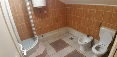 a small bathroom with a toilet and a shower at Rosso Apartments 2 in Belgrade