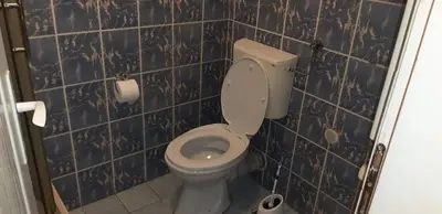a bathroom with a toilet with blue tiles at Rosso Apartments 2 in Belgrade