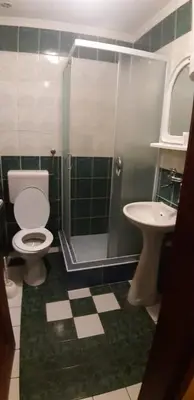 a bathroom with a toilet and a shower and a sink at Rosso Apartments 2 in Belgrade