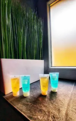 four plastic cups sitting on a table next to a potted plant at Stars lux room in Belgrade