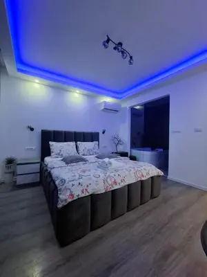 a bedroom with a large bed with a blue ceiling at Stars lux room in Belgrade